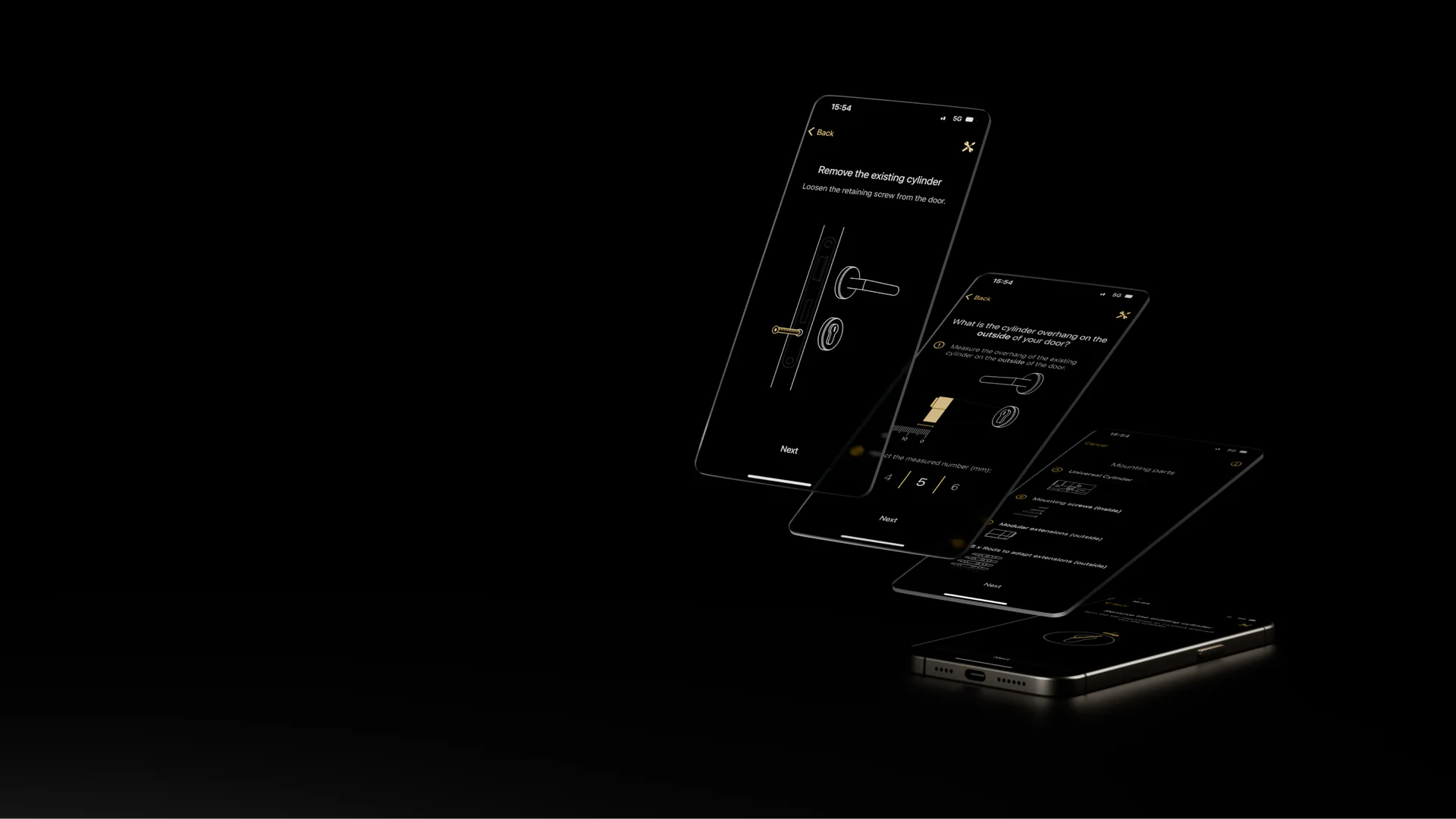 Diversi smartphone con l’app Nuki su sfondo nero.