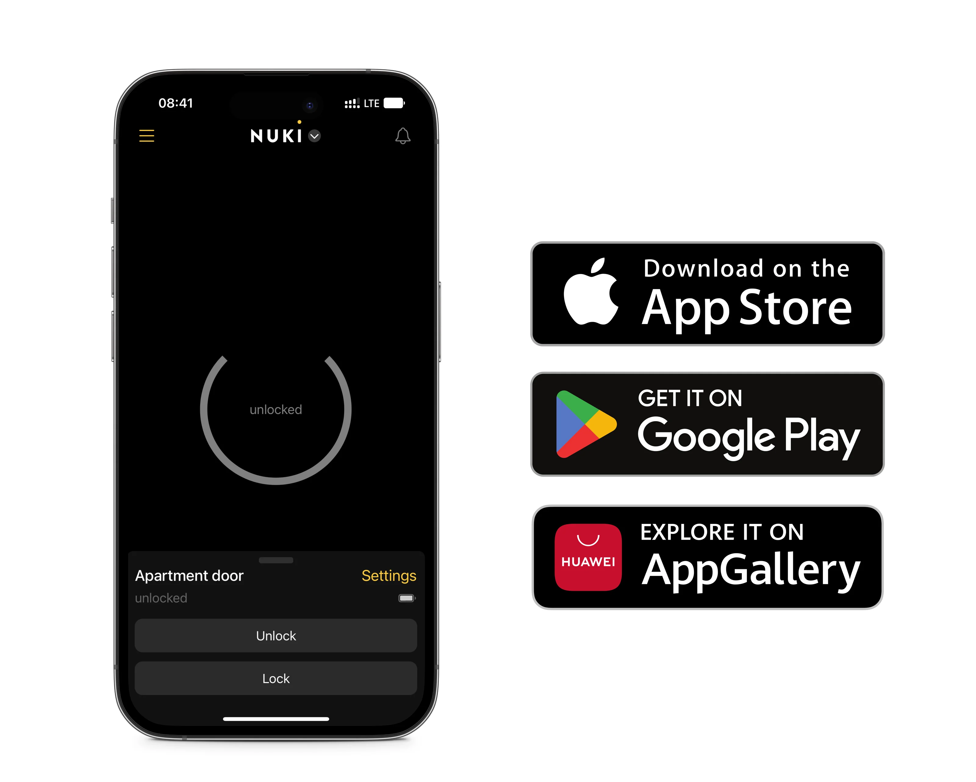 Interfaccia dell’app Nuki con pulsanti di download per App Store, Google Play e AppGallery.