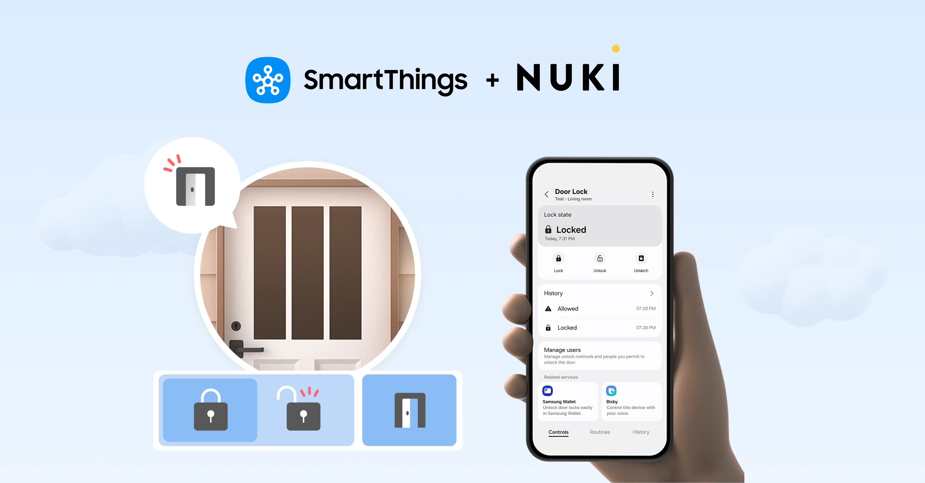 Intégration de SmartThings et Nuki montrant l’état de la porte et le contrôle via smartphone.