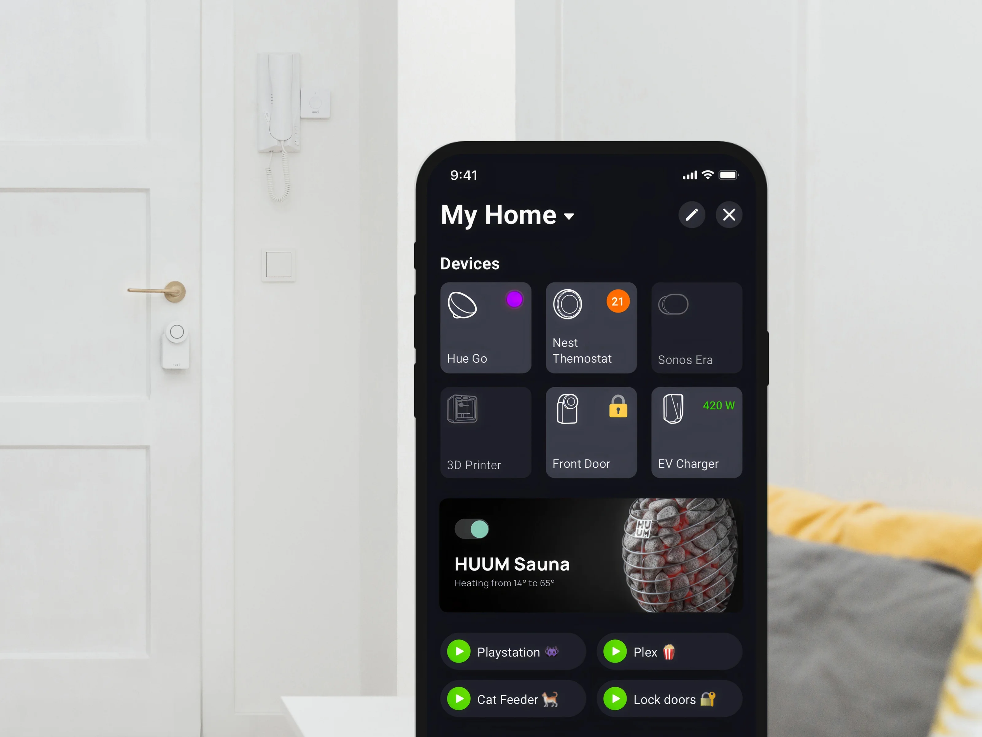 Tableau de bord dans l’app Homey avec Nuki Smart Lock, sauna, borne EV et plus encore.