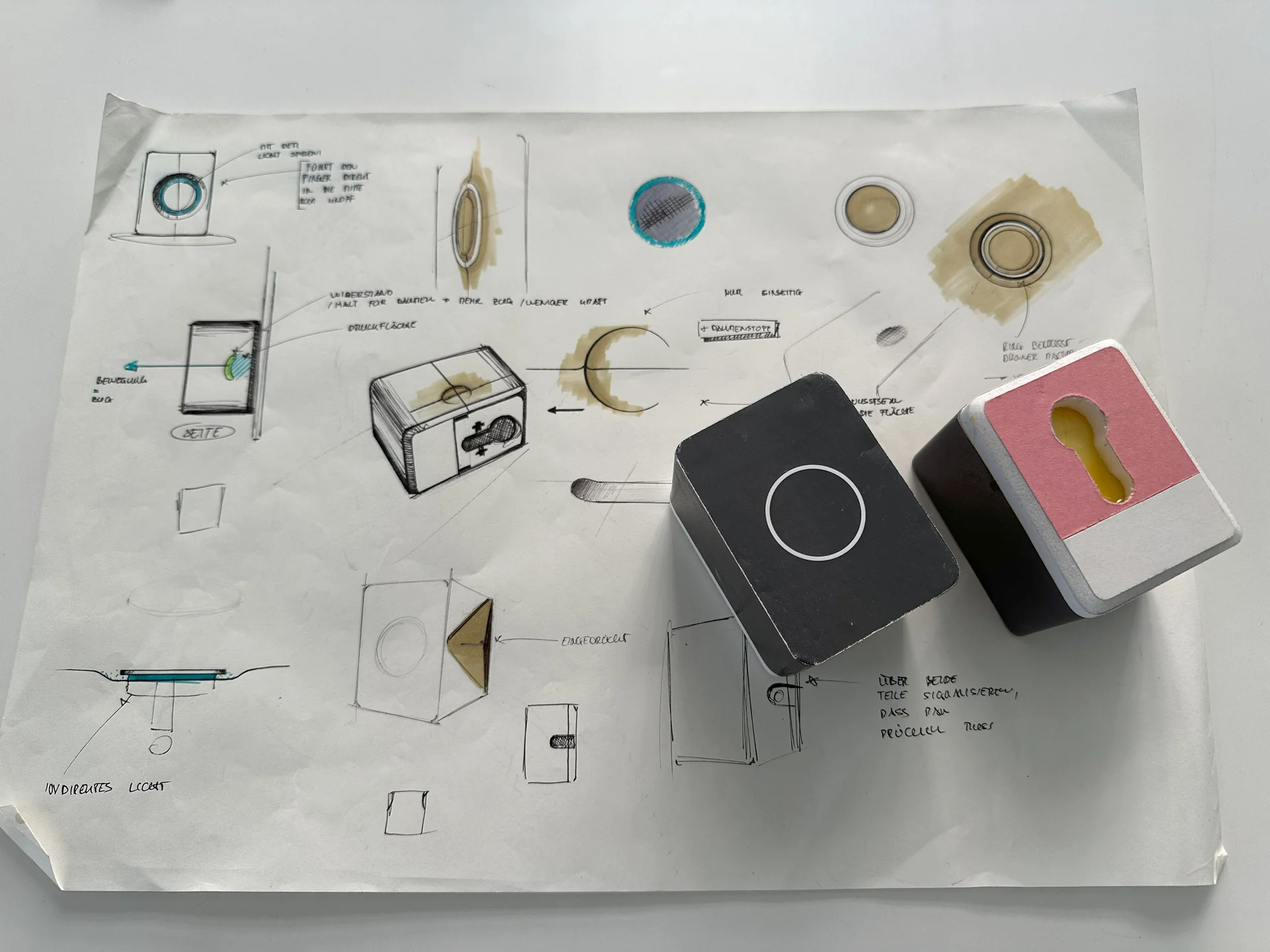 Schizzi iniziali di design della Smart Lock su carta, con due prototipi appoggiati sopra.
