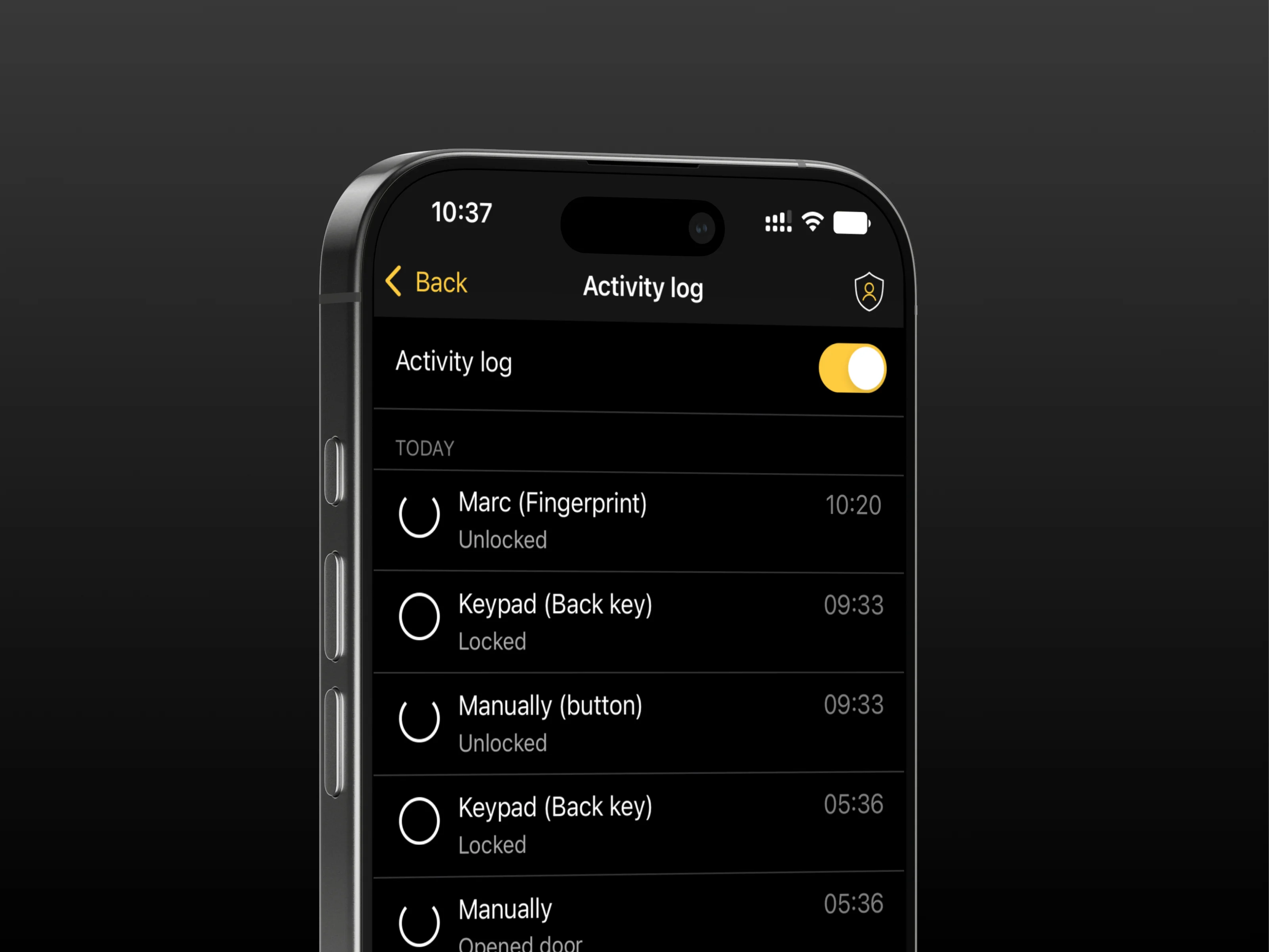 Schermata del telefono con registro attività Nuki e metodi di accesso.