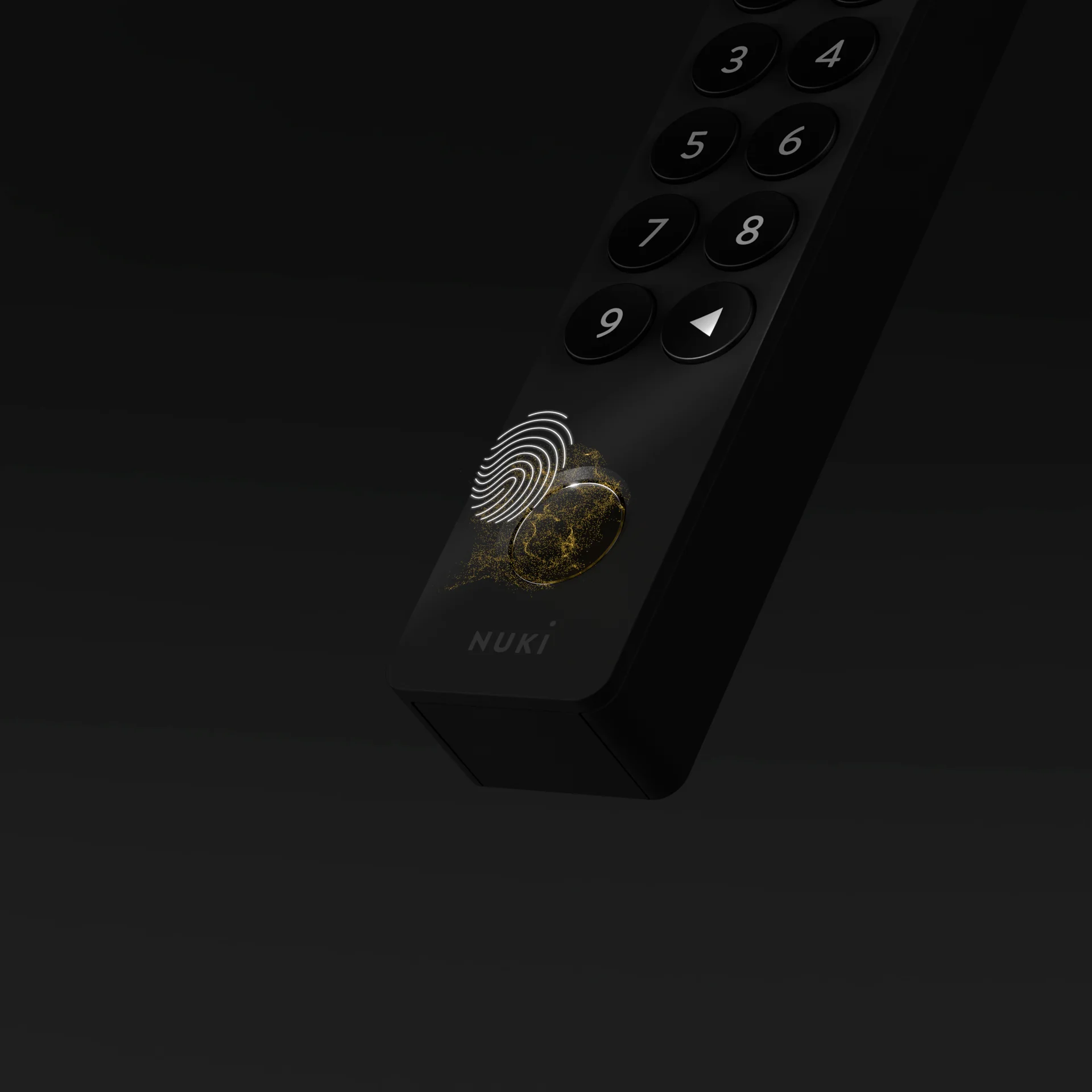 Primo piano del tastierino Nuki con sensore biometrico illuminato su sfondo nero.