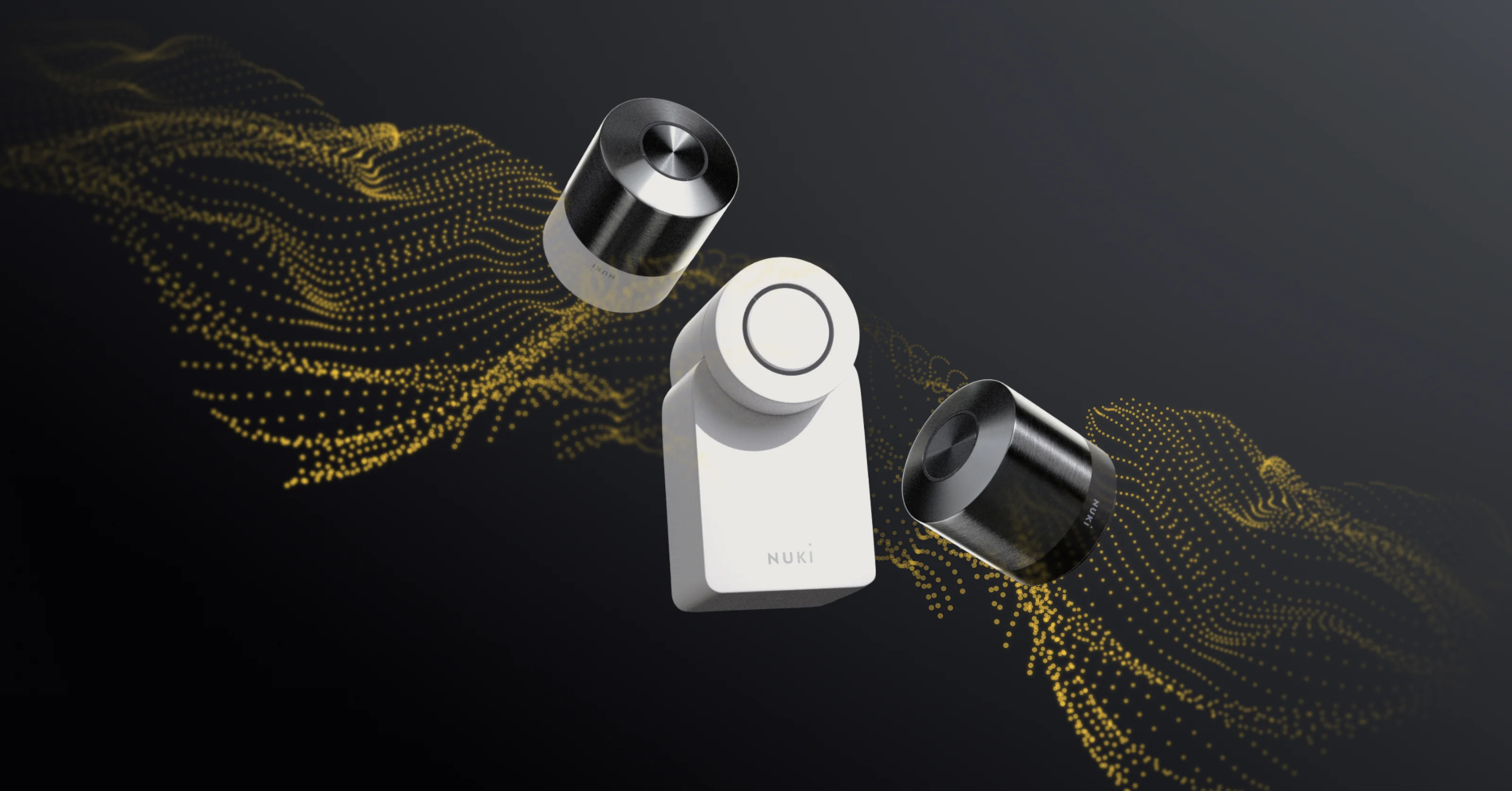 Smart Lock Go, Pro e Ultra fluttuano su sfondo nero. Una fascia dorata li unisce.